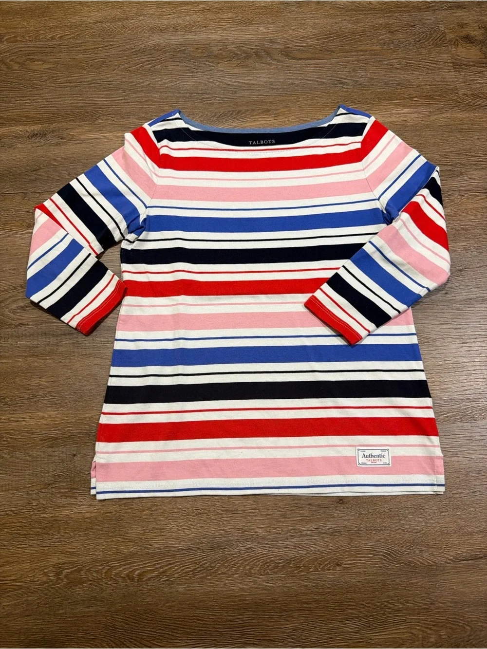 Talbots Authentic 3/4 Sleeve Striped Boatneck Top in Red, Pink & Blue - Picture 2 of 6